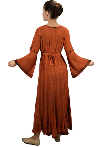 Peasant Embroidered Bell Sleeve Scalloped Hem Dress Gown - Agan Traders, Orange Rust