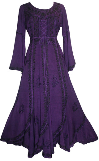 Peasant Embroidered Bell Sleeve Scalloped Hem Dress Gown - Agan Traders, Purple