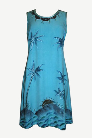 Rayon Viscose Palm Tree Umbrella Short Dress - Agan Traders, Turquoise
