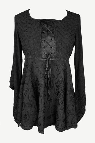 Medieval Vintage Long Sleeve Rayon Moss Crape Corset Top Blouse Tunic - Agan Traders, Black