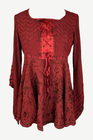 Medieval Vintage Long Sleeve Rayon Moss Crape Corset Top Blouse Tunic - Agan Traders, Red Burgundy