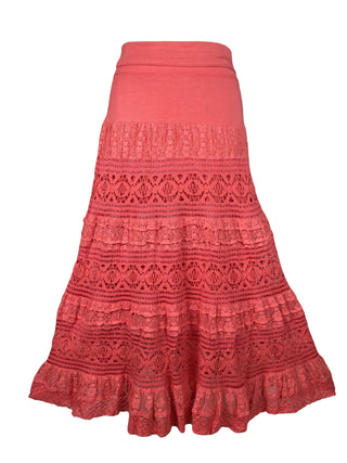 21238 SKT Cotton Lace Tiered Lined Long Skirt - Agan Traders, Coral