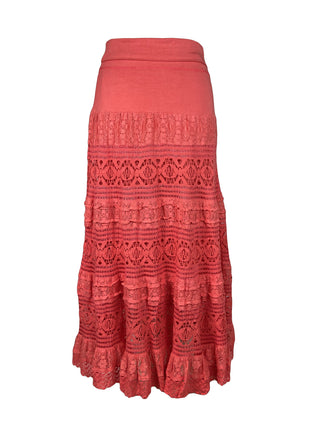 21238 SKT Cotton Lace Tiered Lined Long Skirt - Agan Traders, Coral