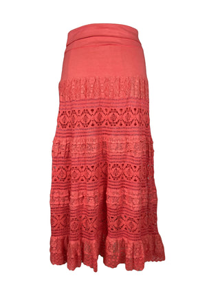 21238 SKT Cotton Lace Tiered Lined Long Skirt - Agan Traders, Coral