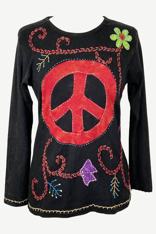 Rib Cotton Peace Patch Embroidered Boho Gypsy Top Blouse - Agan Traders, Black Red