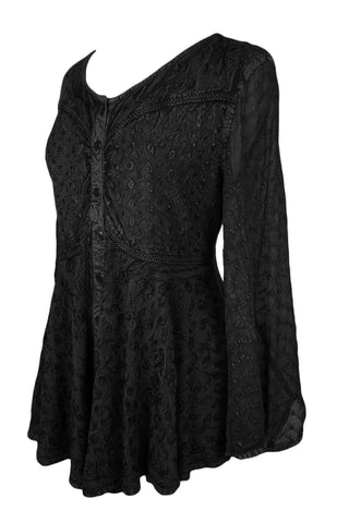 Medieval Gothic Embroidered Flare Sheer Lace Sleeve Top Blouse - Agan Traders, Black