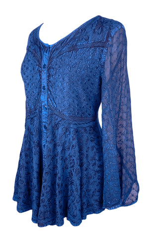 Medieval Gothic Embroidered Flare Sheer Lace Sleeve Top Blouse - Agan Traders, Blue