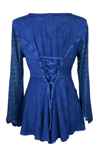 Medieval Gothic Embroidered Flare Sheer Lace Sleeve Top Blouse - Agan Traders, Blue