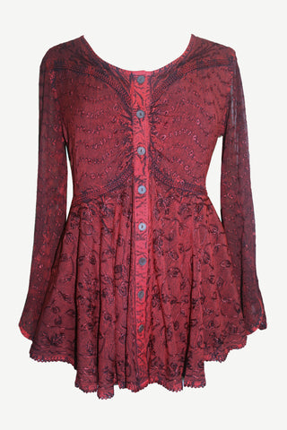 Medieval Gothic Embroidered Flare Sheer Lace Sleeve Top Blouse - Agan Traders, Burgundy