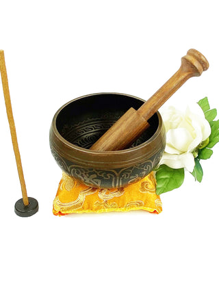 Antique Tibetan Auspicious Symbol Singing Bowl Set ~ Nepal