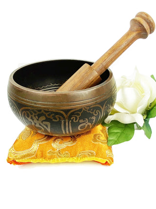 Antique Tibetan Auspicious Symbol Singing Bowl Set ~ Nepal