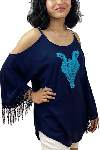 Rayon crape Shoulder Cut Out Bell Sleeve Fringes Embroidered Bohemian Gypsy Tunic Blouse - Agan Traders, Navy
