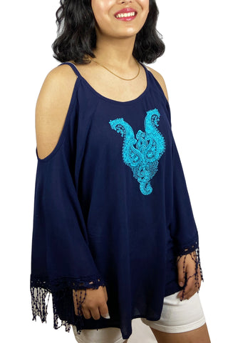 Rayon crape Shoulder Cut Out Bell Sleeve Fringes Embroidered Bohemian Gypsy Tunic Blouse - Agan Traders, Navy