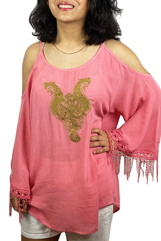 Rayon crape Shoulder Cut Out Bell Sleeve Fringes Embroidered Bohemian Gypsy Tunic Blouse - Agan Traders, Peach
