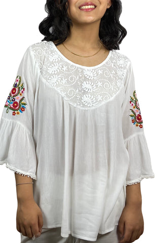 Rayon Crape Bohemian Medieval Bell Sleeve Embroidered Tunic Blouse - Agan Traders, White