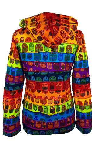 364 RJ Rainbow Owl Printed Vibrant Hoodie Hippie Gypsy Cotton Bohemian Rib Jacket - Agan Traders, Rainbow Owl