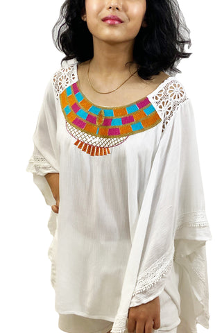 3741 B Rayon Crepe Bohemian Gypsy Embroidered White Poncho