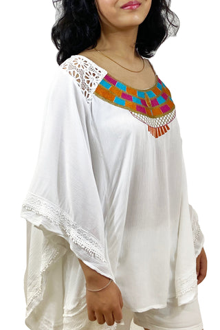 3741 B Rayon Crepe Bohemian Gypsy Embroidered White Poncho