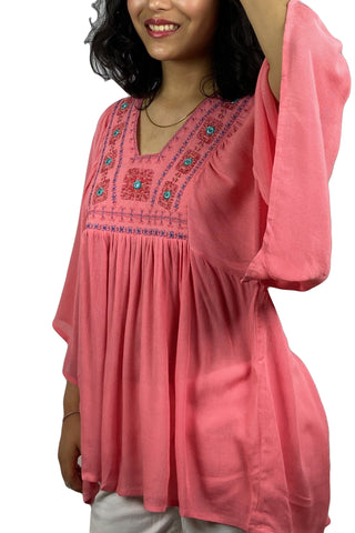 Rayon Crape Boho Gypsy Medieval Tunic Tee Blouse - Agan Traders, Pink