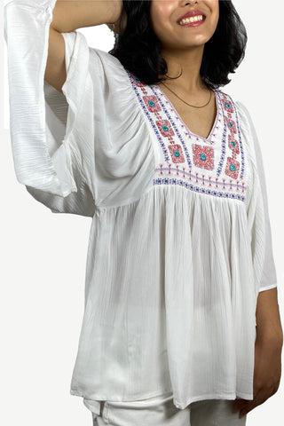 Rayon Crape Boho Gypsy Medieval Tunic Tee Blouse - Agan Traders, White