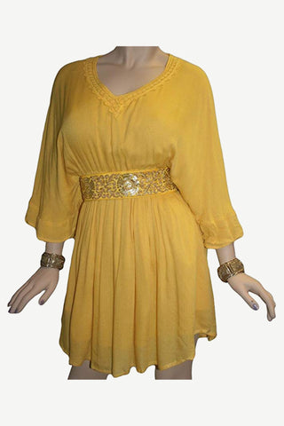 Rayon Crape Medieval Peasant Gothic Short Baby Doll Dress - Agan Traders, Yellow