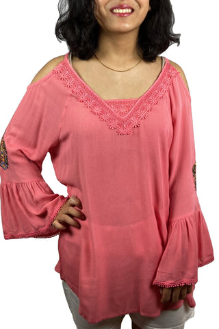 3809 B Cold Shoulder Stylish Embroidered Patched Tunic Blouse - Agan Traders, Peach