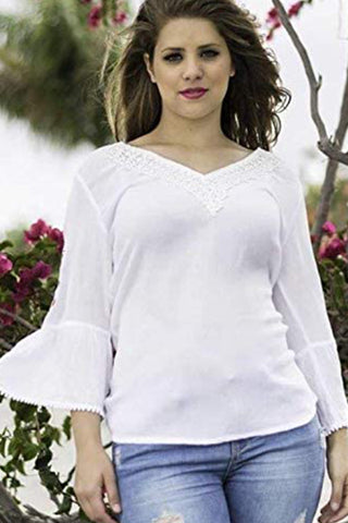 Rayon Crape Bohemian Long Bell Sleeve Medieval Top Tunic Blouse - Agan Traders, White