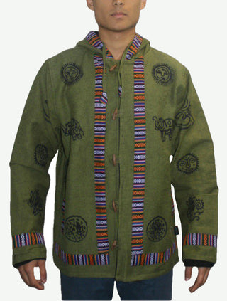 402 JKT Cotton Printed Fleece Lined Auspicious Symbols Tibetan Hoodie Jacket - Agan Traders, Green