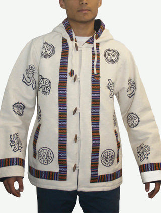 402 JKT Cotton Printed Fleece Lined Auspicious Symbols Tibetan Hoodie Jacket - Agan Traders, Off White