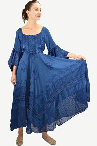 Medieval Gothic Bohemian Embroidered Handkerchief Flare Corset Dress Gown - Agan Traders, Navy Blue