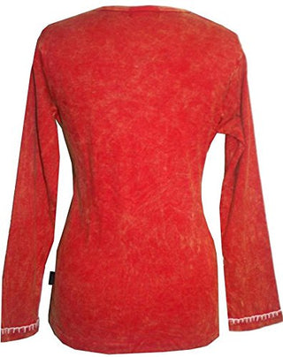 Rib Cotton Funky Razor Patches Long Sleeve Top Blouse - Agan Traders, Orange Red