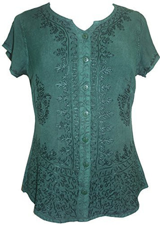 Medieval Bohemian Embroidered Top Shirt Blouse - Agan Traders, H Green