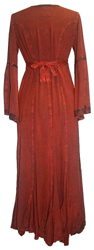 Peasant Embroidered Bell Sleeve Scalloped Hem Dress Gown - Agan Traders, Wine Burgundy