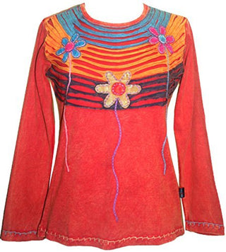 Rib Cotton Funky Razor Patches Long Sleeve Top Blouse - Agan Traders, Rusty Orange