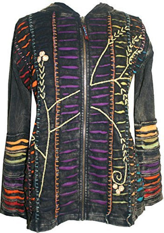 RJ 51 Agan Traders Bohemian Nepal Hoodie Gypsy Knit Cotton Patch Rib Jacket - Agan Traders, Black Purple
