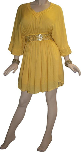 Rayon Crape Medieval Peasant Gothic Short Baby Doll Dress - Agan Traders, Yellow