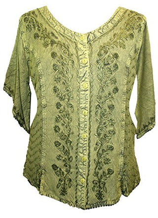 Scooped Neck Medieval  Embroidered Blouse - Agan Traders, Lime Green