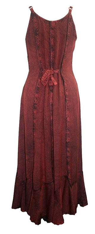 Rayon Embroidered Scalloped Hem Gypsy Spaghetti Strap Dress - Agan Traders, Burgundy