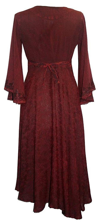 Medieval Butterfly Embroidered Bell Sleeve Mid Calf Dress ~ India - Agan Traders, Burgundy