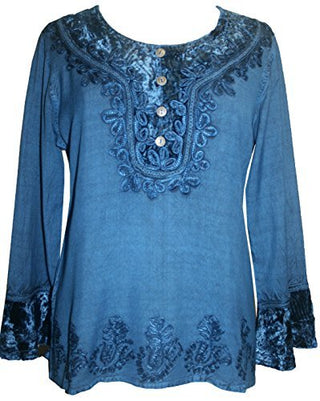 Gypsy Vintage Embroidered Elegant Rayon Velvet Tunic Top Blouse - Agan Traders, Blue