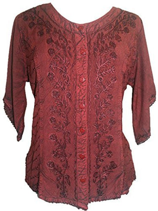Scooped Neck Medieval  Embroidered Blouse - Agan Traders, Wine Burgundy