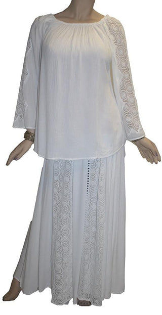 Rayon Crape Bohemian Gypsy Lace Sleeve Medieval Tunic Blouse - Agan Traders, White