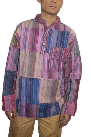 525-2 MS Light Weight Cotton Patchwork Mandarin Henley Shirt - Agan Traders, Purple Multi