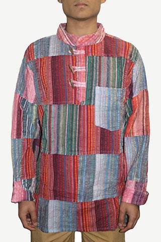 Cotton Patchwork Mandarin Style Light Weight Tunic Shirt Nepal - Agan Traders, Maroon Multi