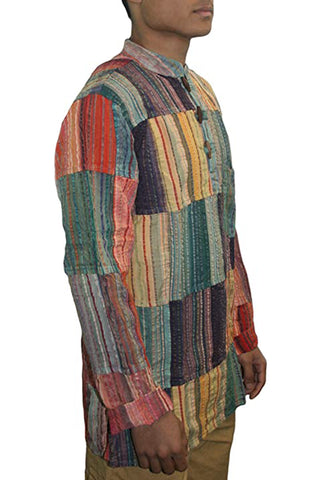 Cotton Patchwork Mandarin Style Light Weight Tunic Shirt Nepal - Agan Traders, Yellow Multi