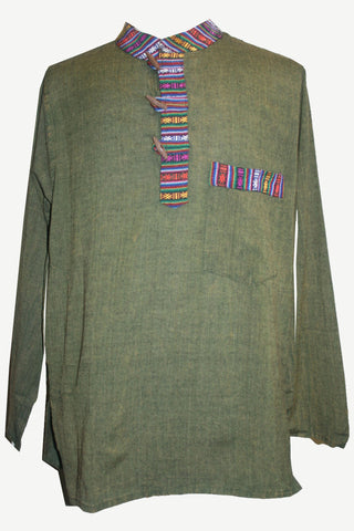 Lightweight Cotton Yoga Casual Shirt Mandarin Henley Style - Agan Traders, Army Green