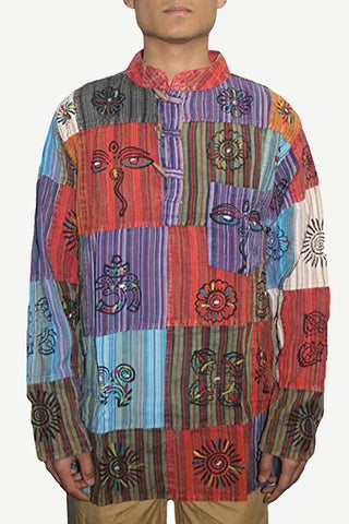 Light Weight Cotton Patchwork Mandarin Style Henley Tunic Kurta Shirt Top - Agan Traders, Multi 1