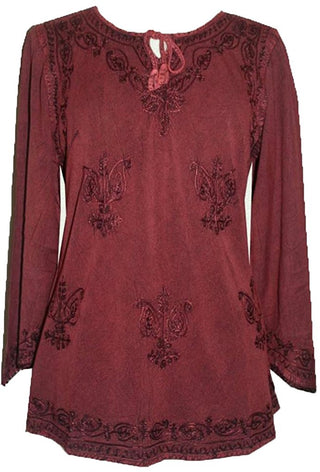 Embroidered Front V Neck Vintage Blouse - Agan Traders, Burgundy