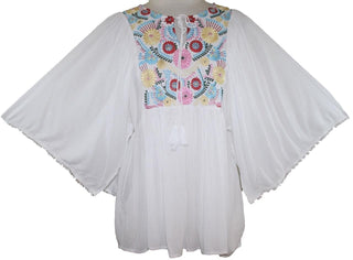 Rayon Crape Bohemian Medieval Short Wide Sleeve Embroidered Tunic Blouse - Agan Traders, White