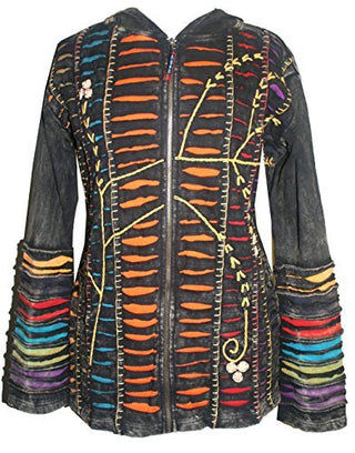 RJ 51 Agan Traders Bohemian Nepal Hoodie Gypsy Knit Cotton Patch Rib Jacket - Agan Traders, Black Orange